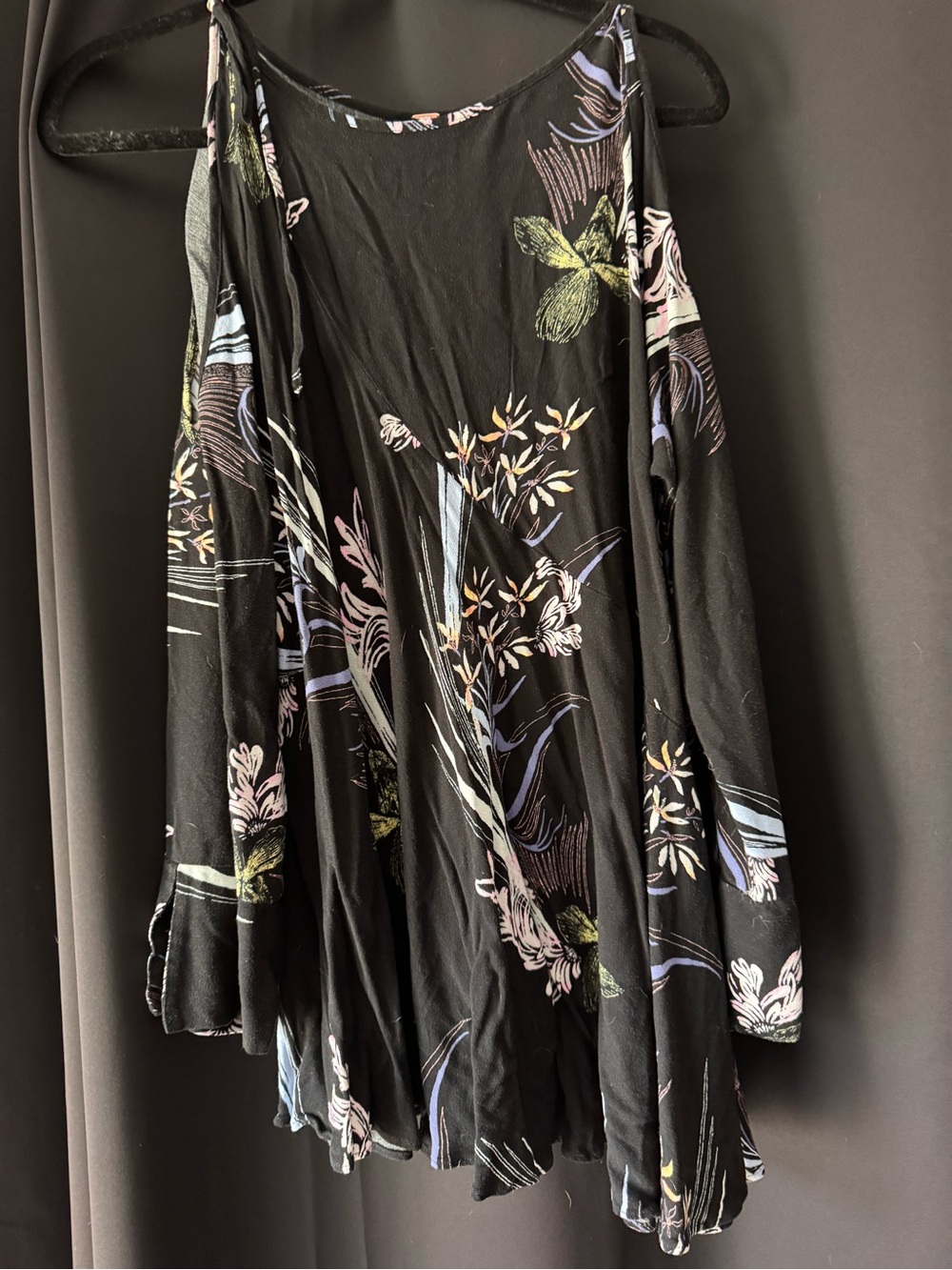 Free People Clear Skies Cold-Shoulder Black Floral Swing Dress/Tunic - Picture 3 of 8